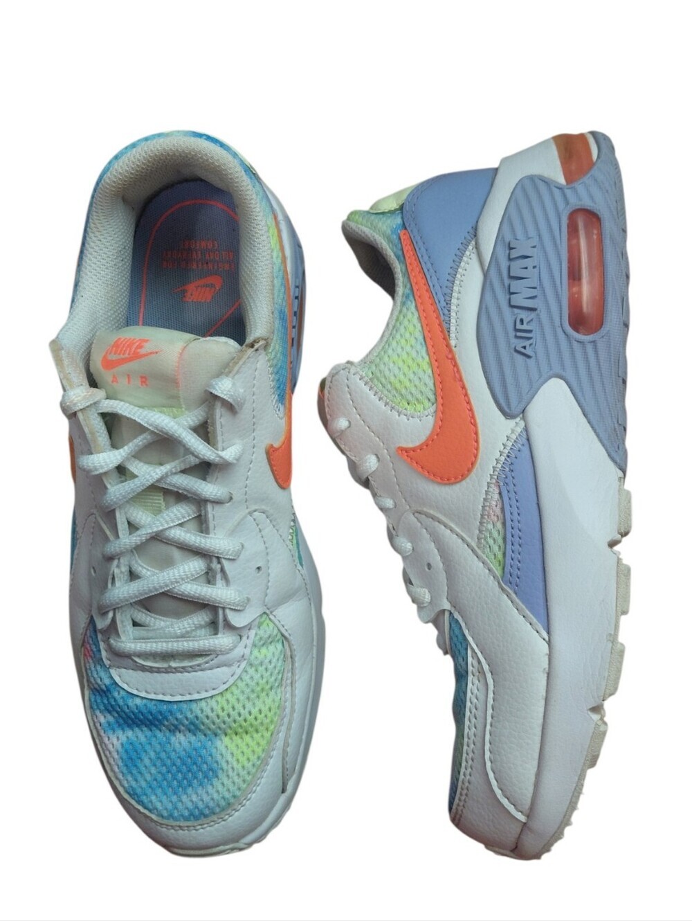 Nike Air Max Excee White, Coral, Blue and Lime Tie Dye Sneakers Women's Size 7